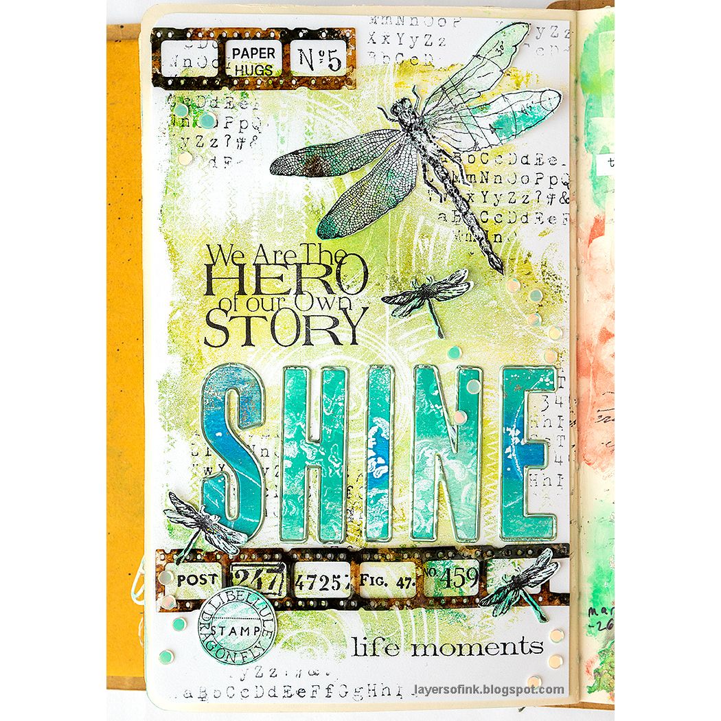 Tim Holtz Sizzix Alphanumeric Bulletin Thinlits Dies 666281 dragonfly shine life moments green card | color-code:ALT08