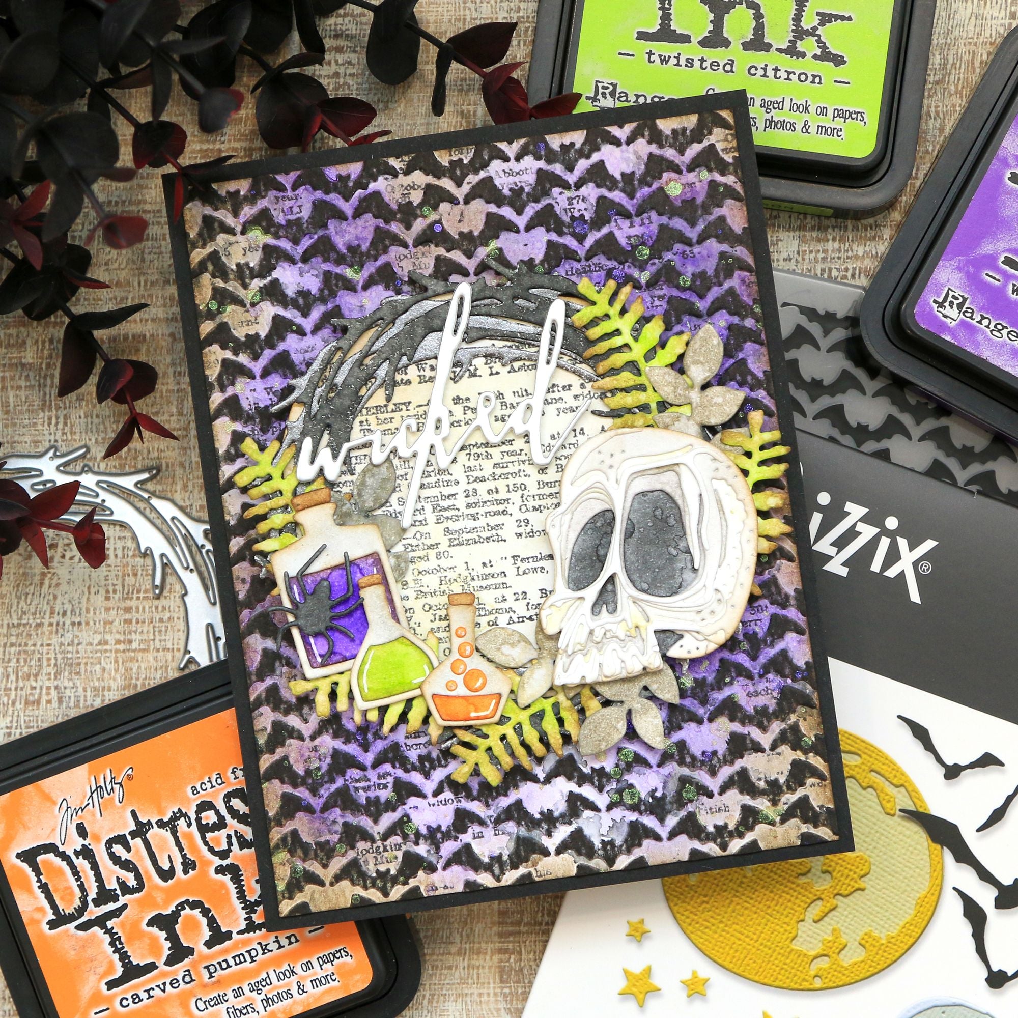 Tim Holtz Sizzix Batground Large A5 Embossing Folder 667238 potions skull head stems and leaves hallooween card juliana michaels 