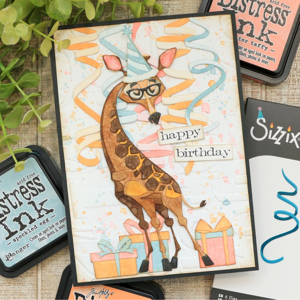 Tim Holtz Sizzix Celebration Streamers Thinlits Die Set 667209 juliana michaels happy birthday gertrude giraffe