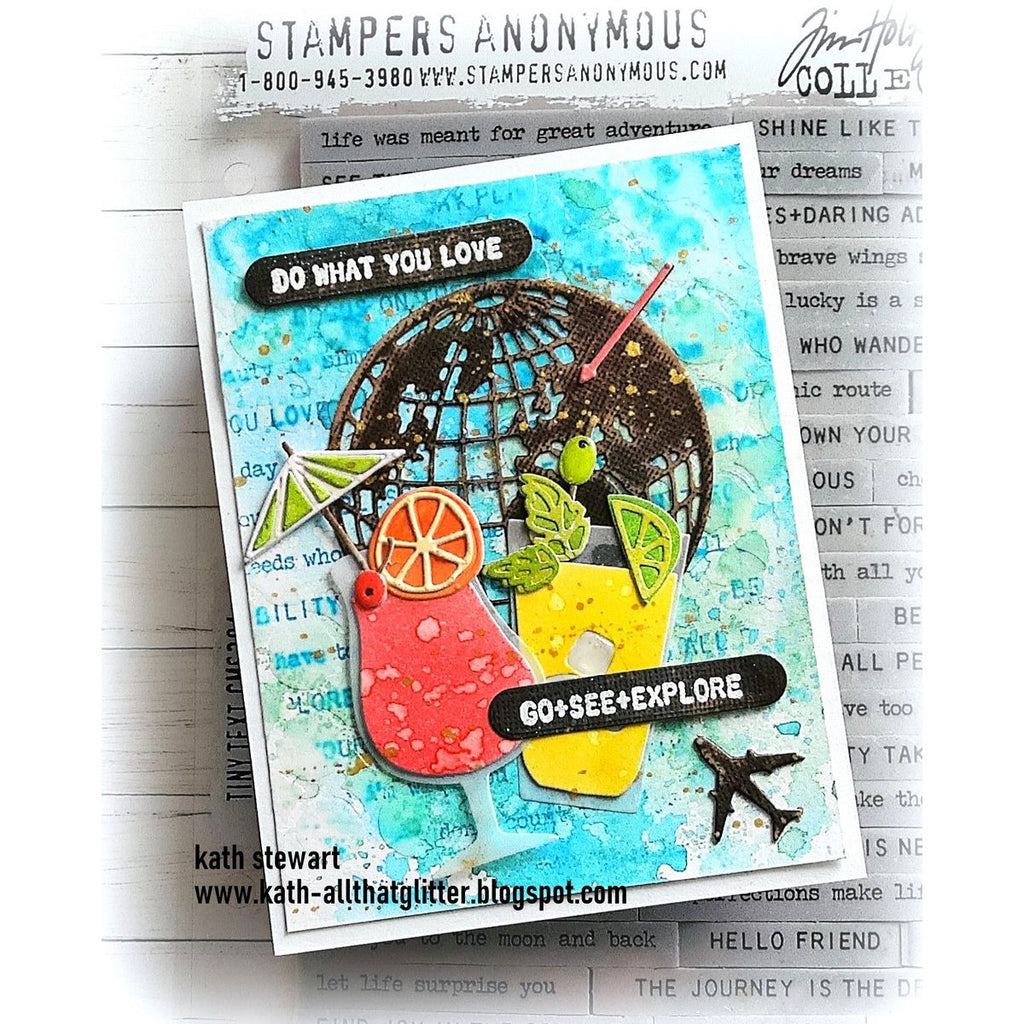 Tim Holtz Sizzix HAPPY HOUR Thinlits Die 664435 drink glasses airplane globe umberella do what you love card