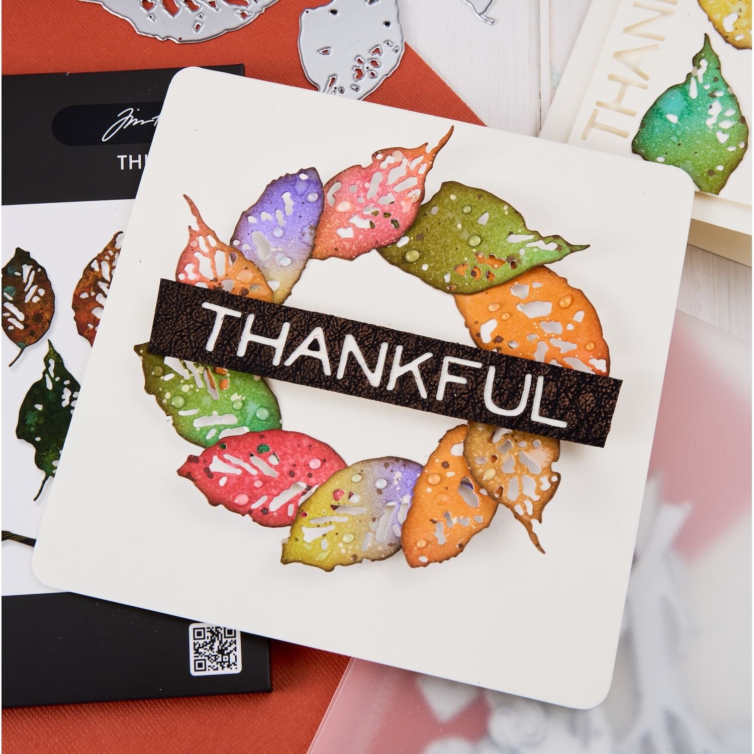 Tim Holtz Sizzix Halloween 2026 Die, Folder and Embossing Pad I Want It All Bundle circled leaves thankful card