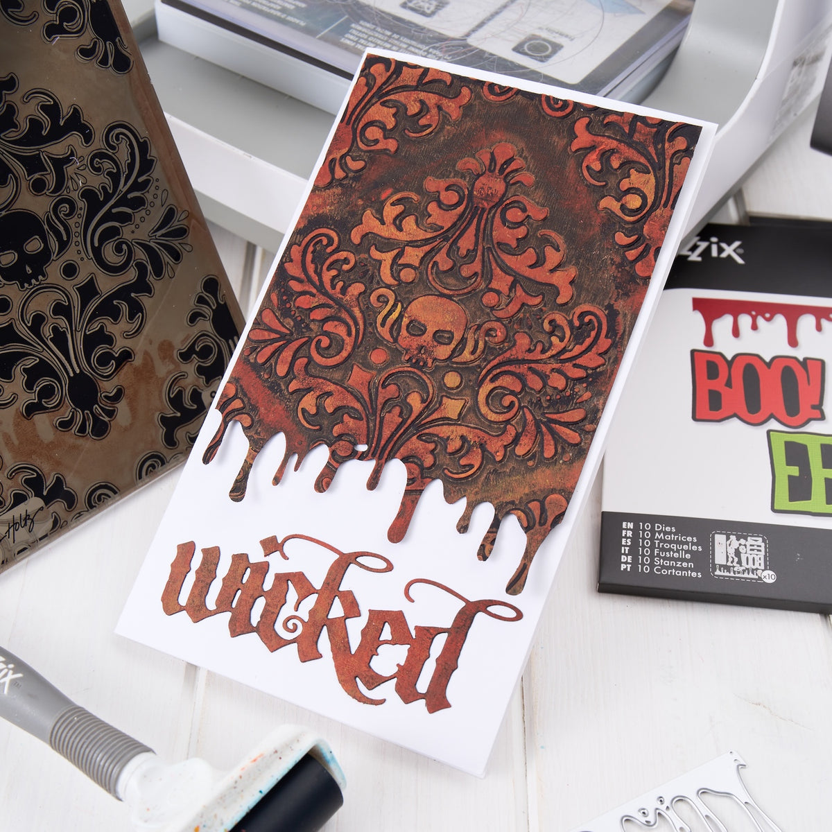Tim Holtz Sizzix Halloween 2026 Die, Folder and Embossing Pad I Want It All Bundle wicked skull design card pete hughes