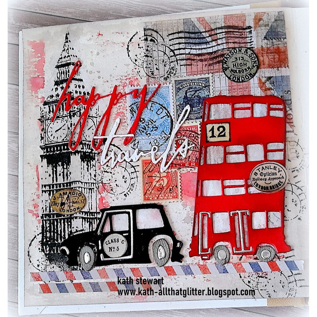 Tim Holtz Sizzix Handwritten Celebrate Thinlits Dies 660215 red bus clock tower stmaps happy travels card kath stewart | color-code:ALT02