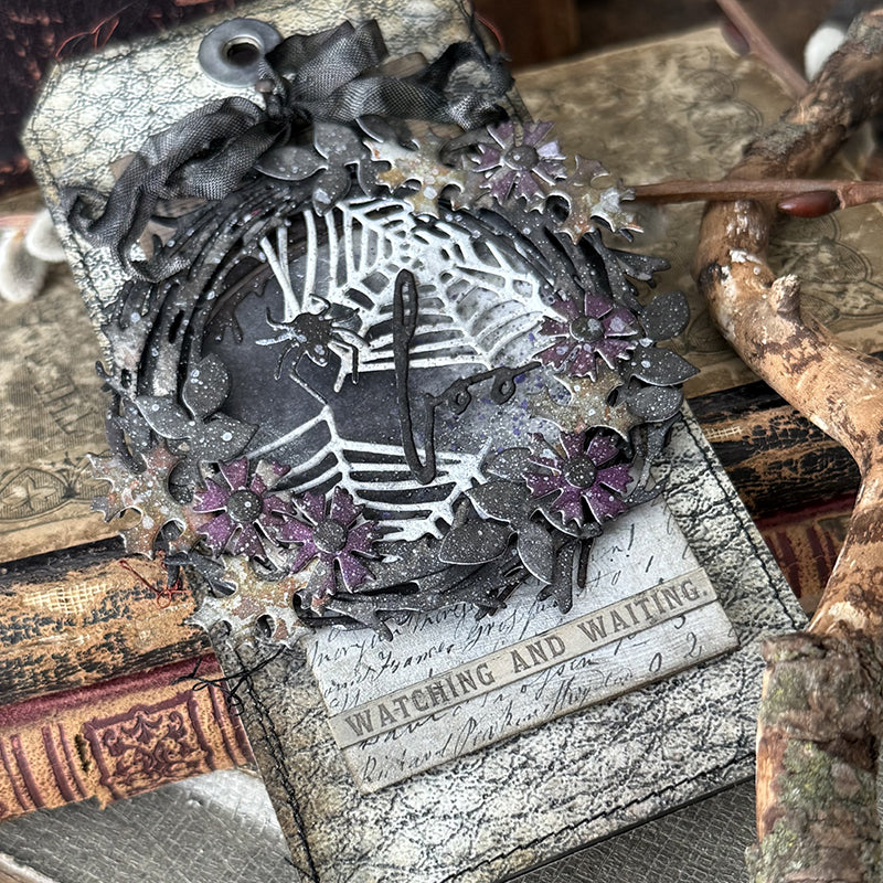 Tim Holtz Sizzix Handwritten Halloween Thinlits Die 660958 halloween stacy hutchinson spider wen boo black wreath tag