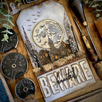 Tim Holtz Sizzix Handwritten Halloween Thinlits Die 660958 halloween zoe hillman haunted beware houses gate moon bats tag