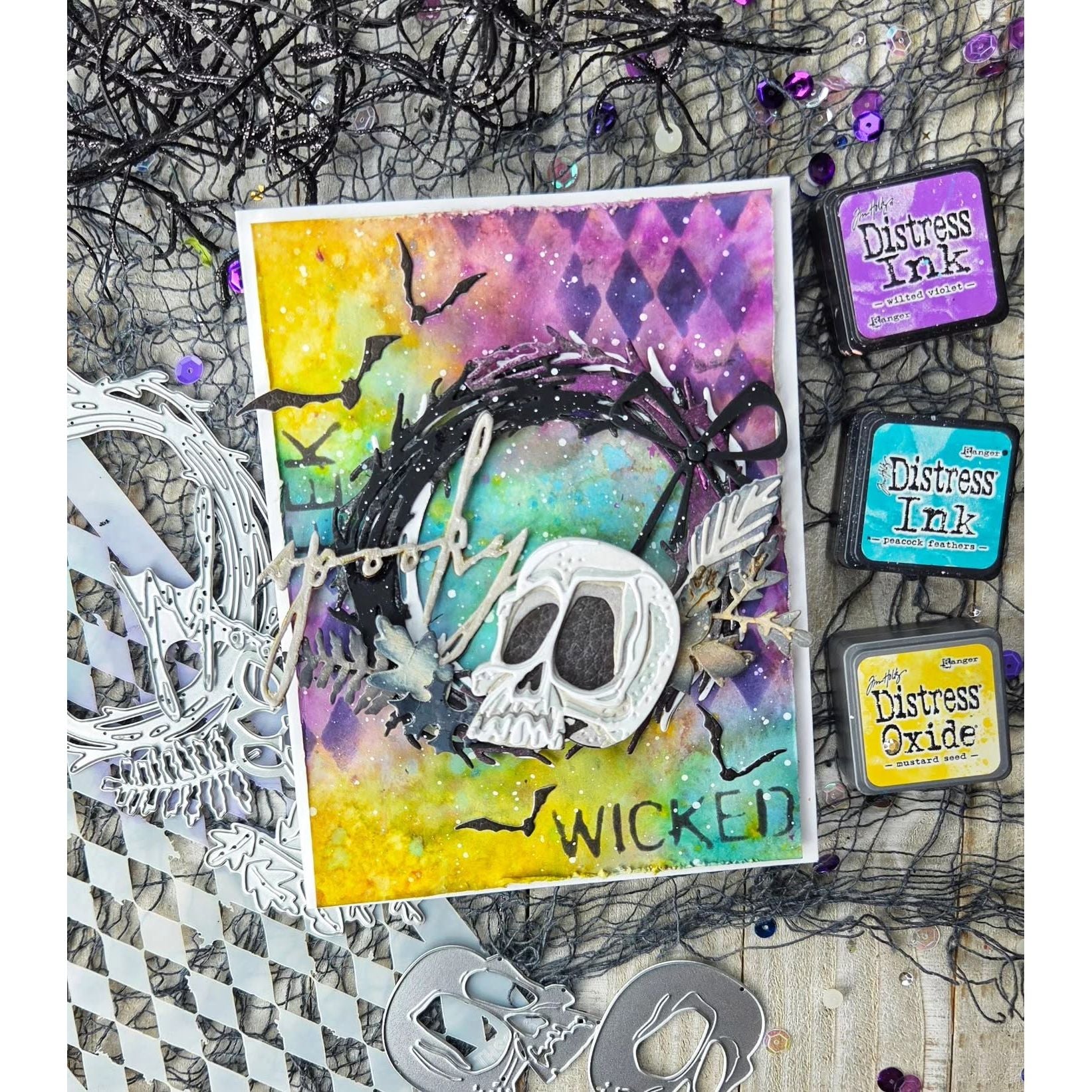 Tim Holtz Sizzix Handwritten Halloween Thinlits Die 660958black wreath with skull head bats spooky card