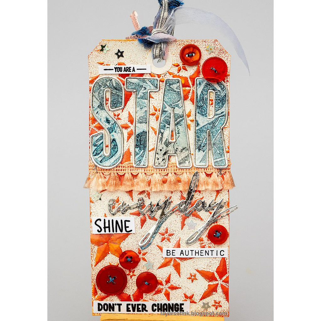 Tim Holtz Sizzix Handwritten Journey Thinlits Dies 660217 star red buttons shine red star background | color-code:ALT03