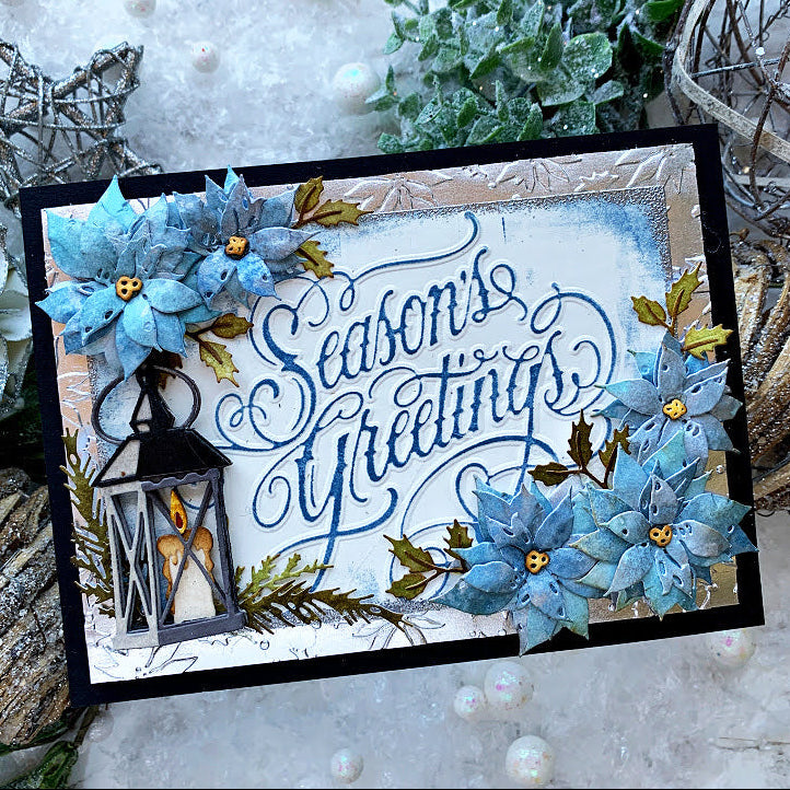 Tim Holtz Sizzix I Want It All 2026 Christmas Die, Folder and Pad Bundle candle lamp season's greetings blue poinsettia black trim card cathie cowles