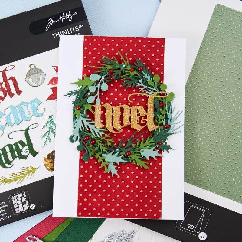 Tim Holtz Sizzix I Want It All 2026 Christmas Die, Folder and Pad Bundle gold polka dots garland wreath noel card pete hughes