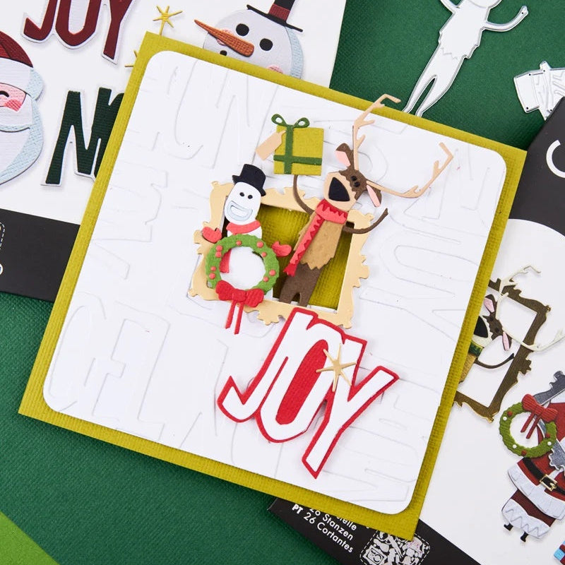 Tim Holtz Sizzix I Want It All 2026 Christmas Die, Folder and Pad Bundle green trim frame joy card 