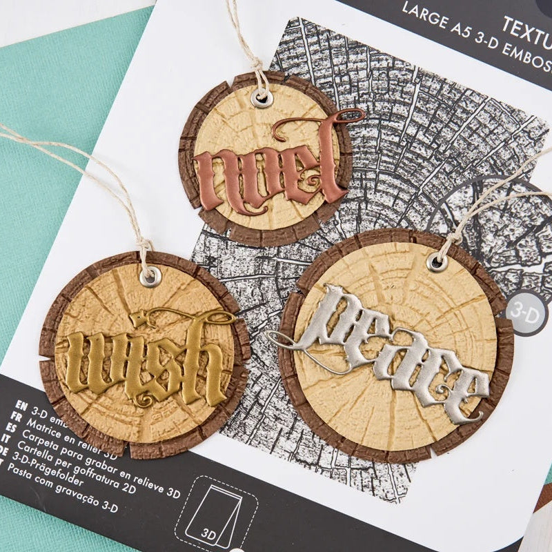 Tim Holtz Sizzix Large A5 Embossing Folder Christmas 2026 Bundle yarn ribbon peace wish peace wood cards