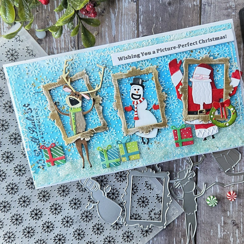 Tim Holtz Sizzix Large A5 Embossing Folder and Pad Christmas 2026 Bundle presents blue snowflake background snowman picture frames card kulbir kirkland