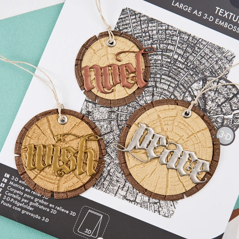 Tim Holtz Sizzix Large A5 Embossing Folder and Pad Christmas 2026 Bundle wood grain circle noel peace wish cards