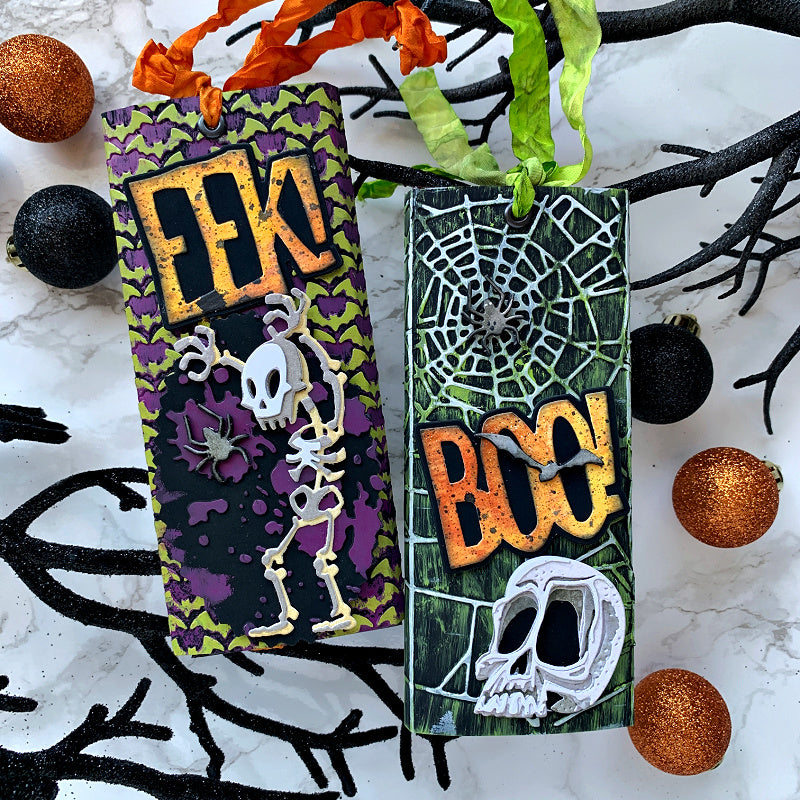 Tim Holtz Sizzix Large A5 Embossing Folders and Pad Halloween 2026 Bundle skeleton cobweb bats boo eek card cathie cowles