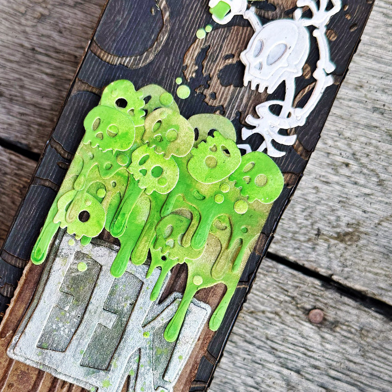 Tim Holtz Sizzix Large Embossing Folder Ringer and Pad Bundle vicki evans green skulls slime skeleton tag eek halloween