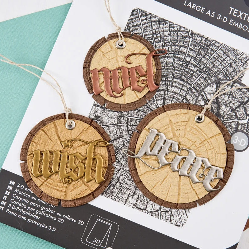 Tim Holtz Sizzix Large Embossing Folder Tree Rings and Pad Bundle peace wish noel wood grain circle cards