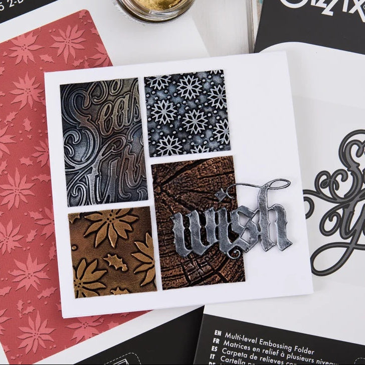 Tim Holtz Sizzix Large Embossing Folder Tree Rings and Pad Bundle snowflake flowers wish collage background card