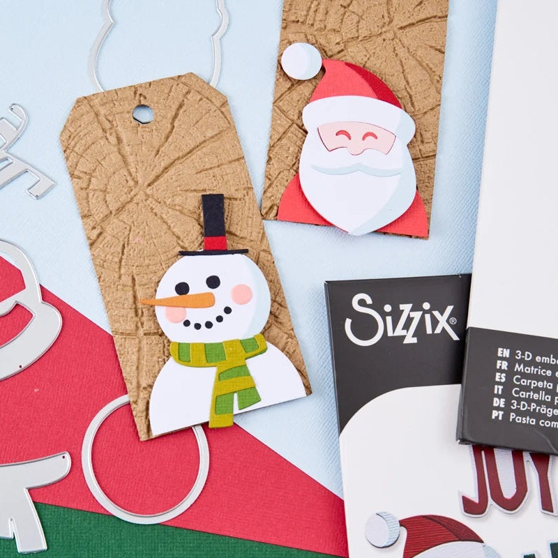 Tim Holtz Sizzix Large Embossing Folder Tree Rings and Pad Bundle white beard red heat top hat snowman wood tag cards