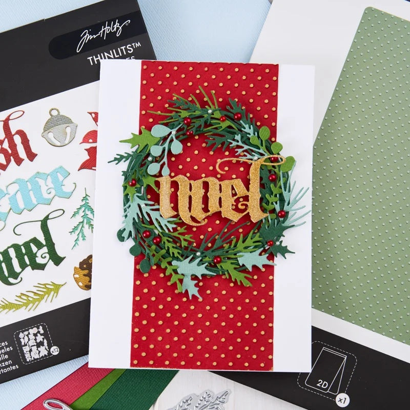 Tim Holtz Sizzix Large Embossing Folder Vault Dots and Pad Bundle garland wreath berries noel card