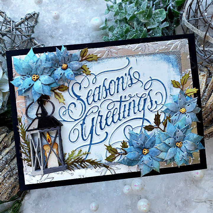 Tim Holtz Sizzix Large Embossing Folder Vault Holly Poinsettia and Pad Bundle blue poinsettia leaves candle black trim border card cathie cowles
