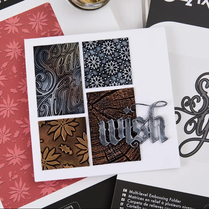 Tim Holtz Sizzix Large Embossing Folder Vault Holly Poinsettia and Pad Bundle snowflakes wood grain wish collage card
