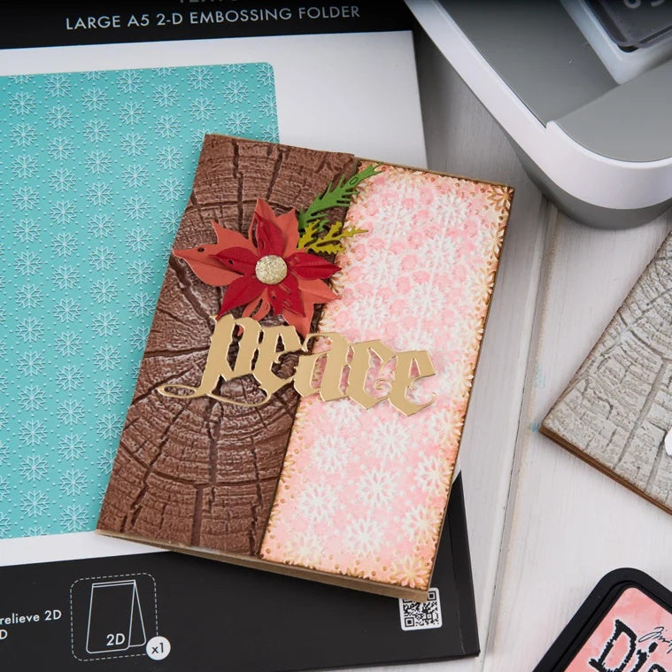 Tim Holtz Sizzix Large Embossing Folder Vault Snowflakes 3 and Pad Bundle peace poinsettia flower leaves peace card