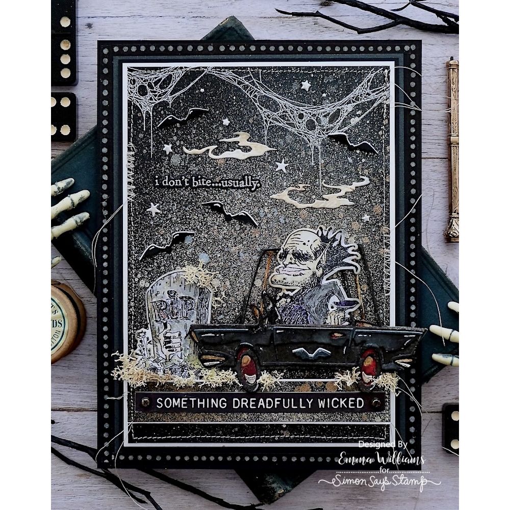 Tim Holtz Sizzix ROAD TRIP Colorize Thinlits Dies 666288 monster in card cpbwebs bats headstone halloween card emma williams