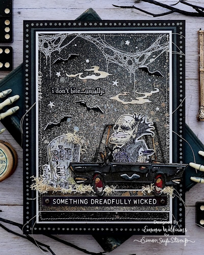 Tim Holtz Sizzix ROAD TRIP Colorize Thinlits Dies 666288 monster in card cpbwebs bats headstone halloween card emma williams