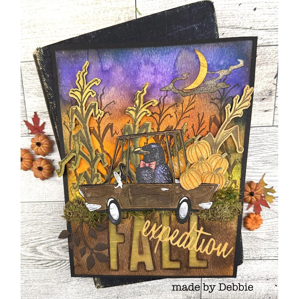 Tim Holtz Sizzix ROAD TRIP Colorize Thinlits Dies 666288 scarecrow in car corn stalks pumpkins fall card debbie emmons | color-code:ALT03
