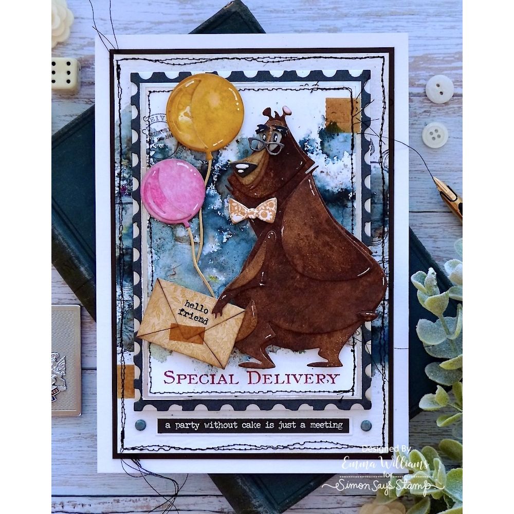 Tim Holtz Sizzix Theodore Mini Colorize Thinlits Dies 667215 bear wearing glasses balloons special delivery card emma williams | color-code:ALT01