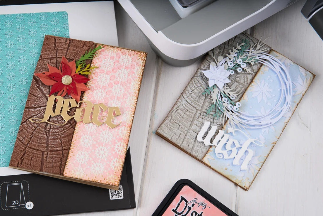 Tim Holtz Sizzix Tree Rings Large A5 Embossing Folder 667258 red poinsettia flower wreath peace wish cards