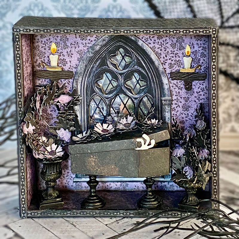 Tim Holtz Sizzix Vault Coffin Box Thinlits Dies 666680 halloween Tami Bastiaans gothic window scene candles flowers