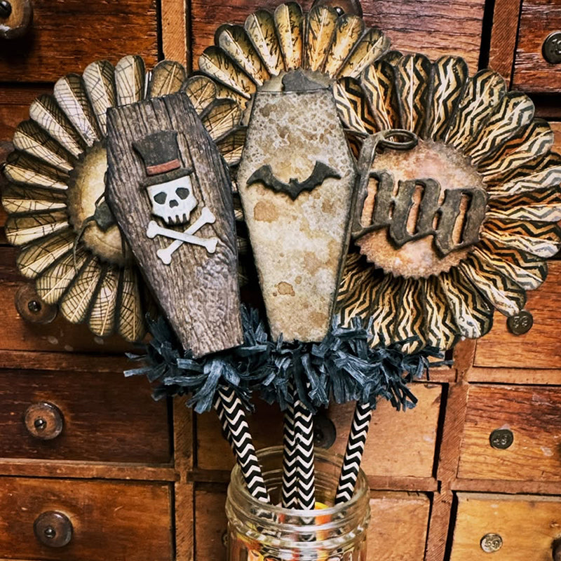 Tim Holtz Sizzix Vault Coffin Box Thinlits Dies 666680 halloween zoe hillman boo rosette skull bat topper