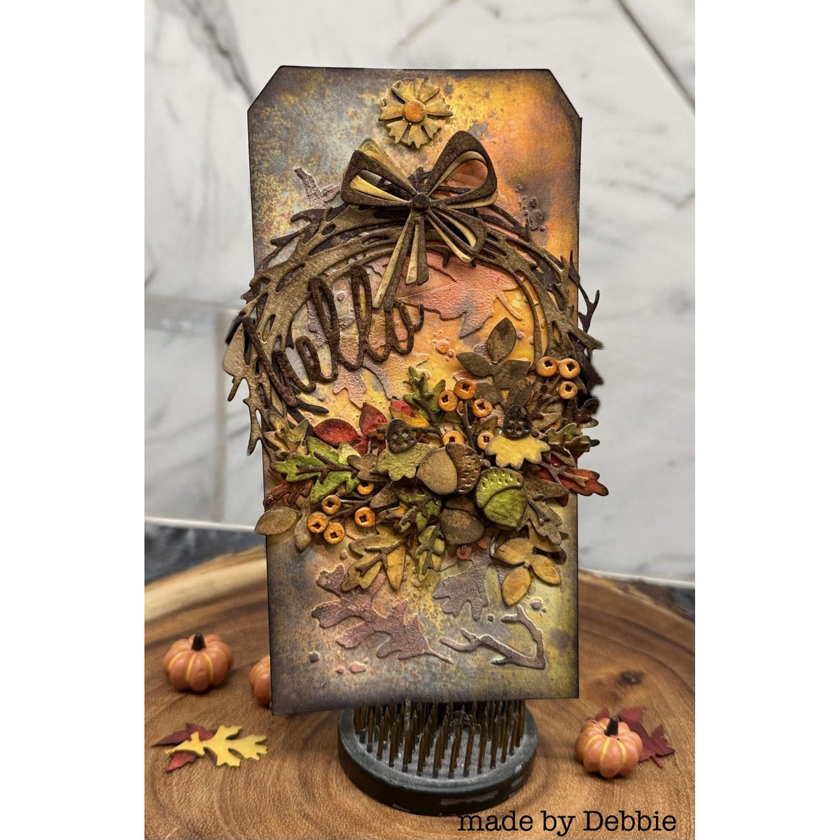 Tim Holtz Sizzix Vault Festive Wreath Thinlits Dies 666715 acorns fall leaves wreath bow hello card | color-code:ALT02