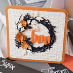 Tim Holtz Sizzix Vault Foliage Wreath Thinlits Dies 666682 bat background orange trim boo card
