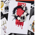 Tim Holtz Sizzix Vault Foliage Wreath Thinlits Dies 666682 skull head with black wreath white flowers card