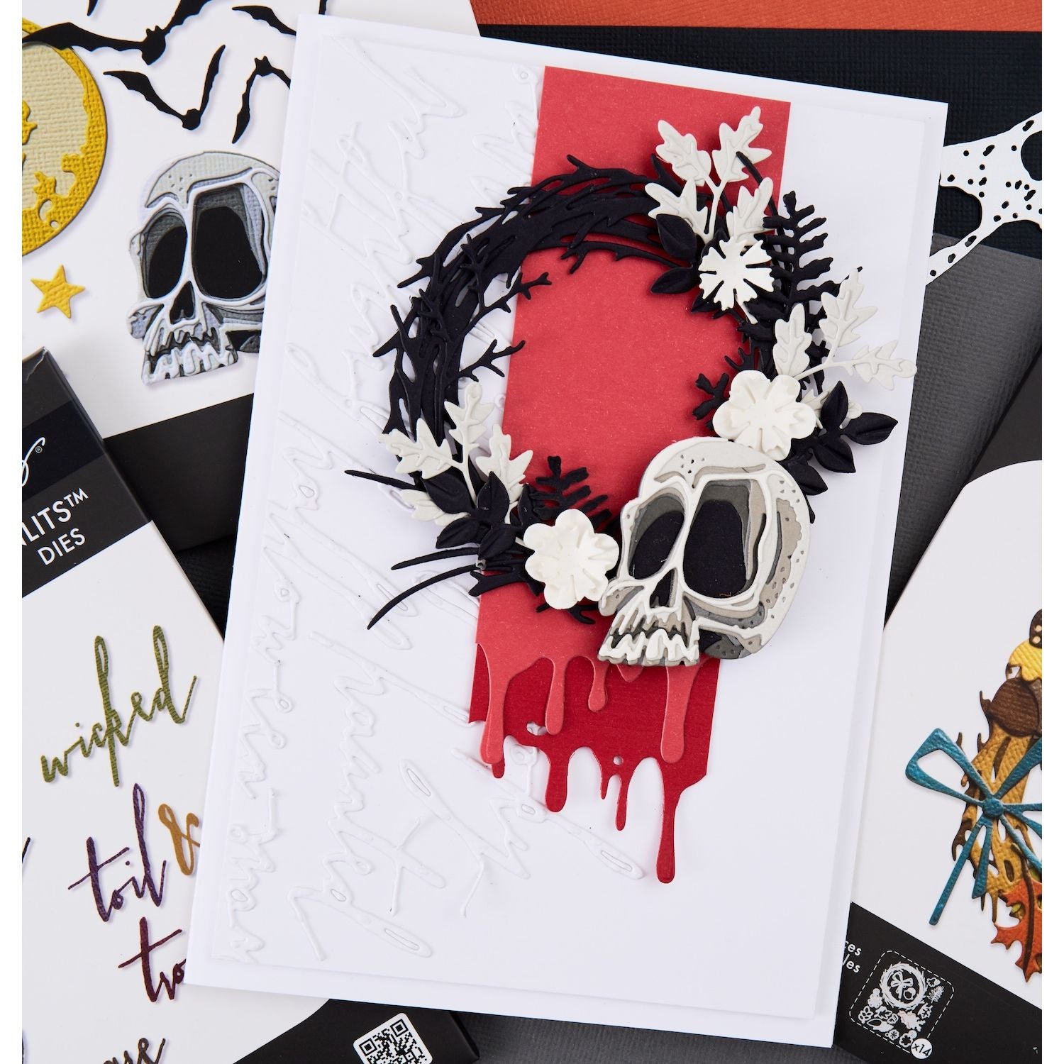 Tim Holtz Sizzix Vault Foliage Wreath Thinlits Dies 666682 skull head with black wreath white flowers card
