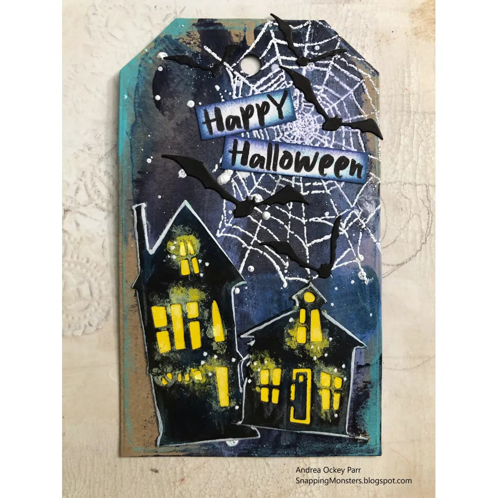 Tim Holtz Sizzix Vault Ghost Town Thinlits Dies 666915 bats cobweb haunted houses happy halloween card andrea ockey parr | color-code:ALT02