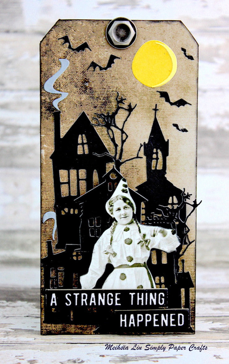Tim Holtz Sizzix Vault Ghost Town Thinlits Dies 666915 bats flying full moon houses girl in clown suit a strange thing happened tag card meihsia liu | color-code:ALT03