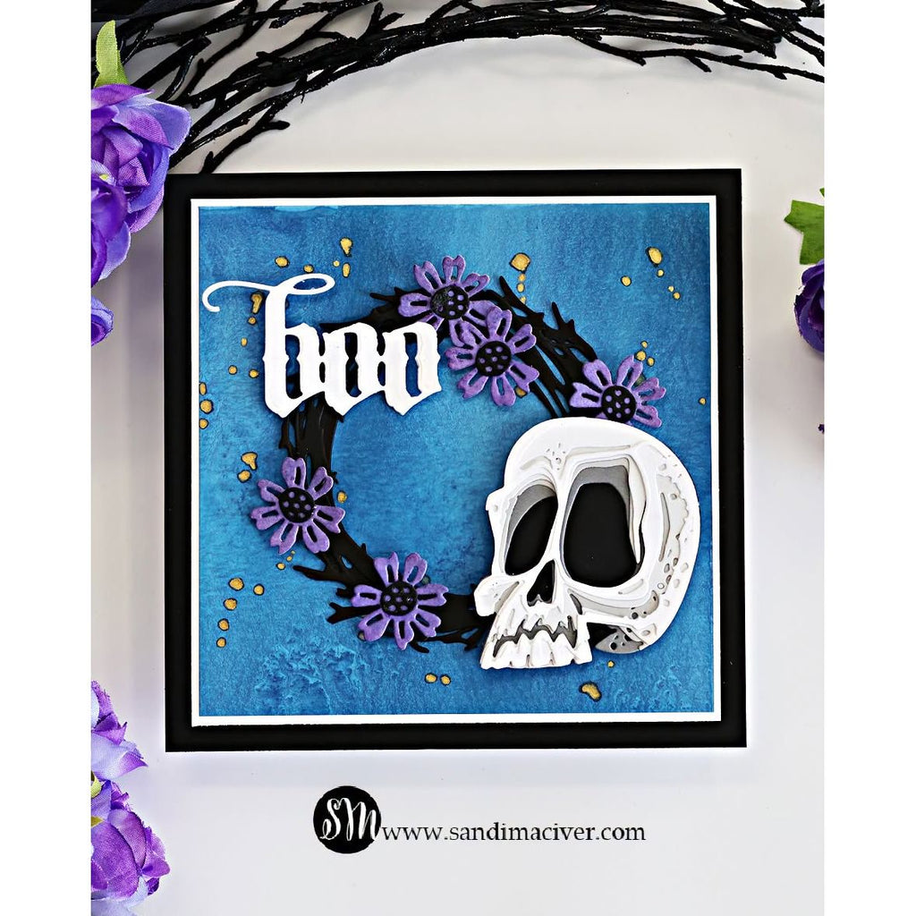 Tim Holtz Sizzix Vault Gothic Portraits Thinlits Dies 666681 black wreath with purple flowers black trim skull head card sandi maciver