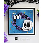 Tim Holtz Sizzix Vault Gothic Portraits Thinlits Dies 666681 black wreath with purple flowers black trim skull head card sandi maciver