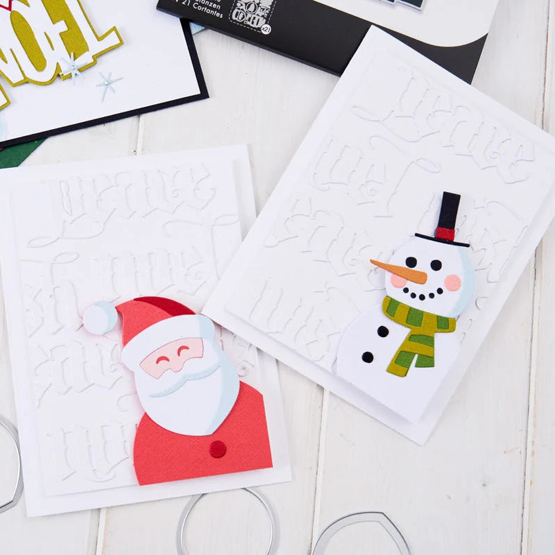 Tim Holtz Sizzix Vault Holiday Tidings Thinlits Dies 667262 santa claus snowman green stripped scarf peace noel card 