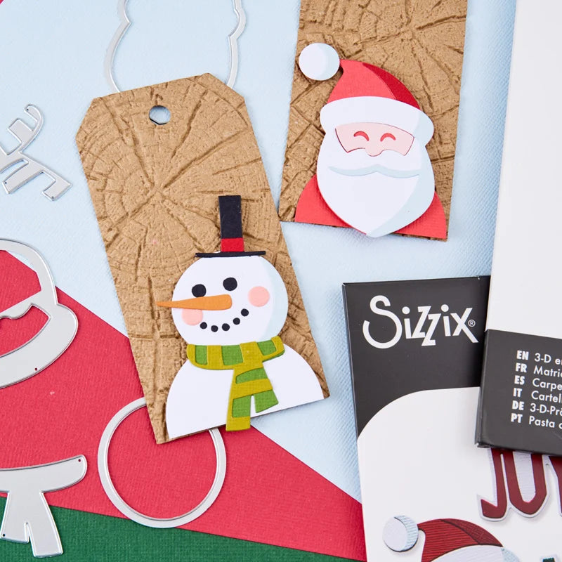 Tim Holtz Sizzix Vault Holiday Tidings Thinlits Dies 667262 snowman santa clause red hat green scarf wood pattern tag cards 