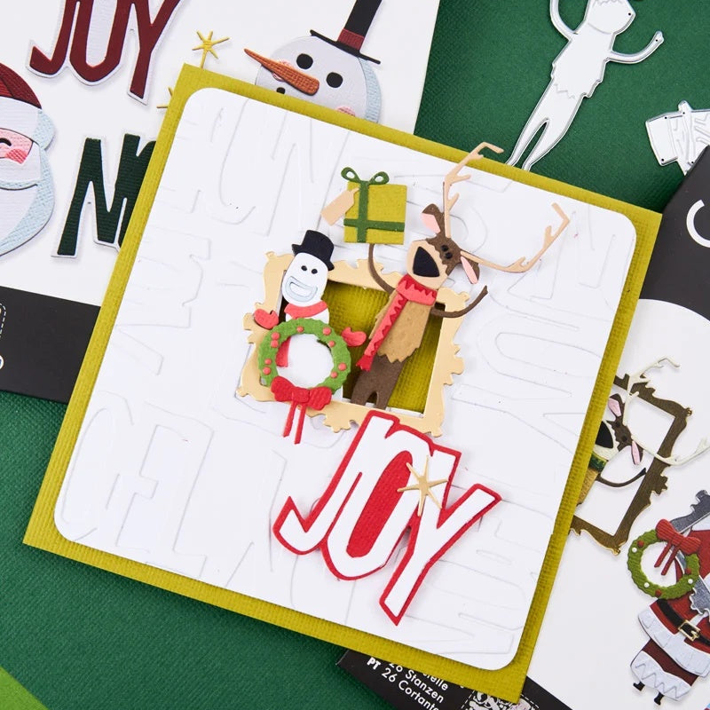 Tim Holtz Sizzix Vault Holiday Tidings Thinlits Dies 667262 wreath present snowman reindeer joy card