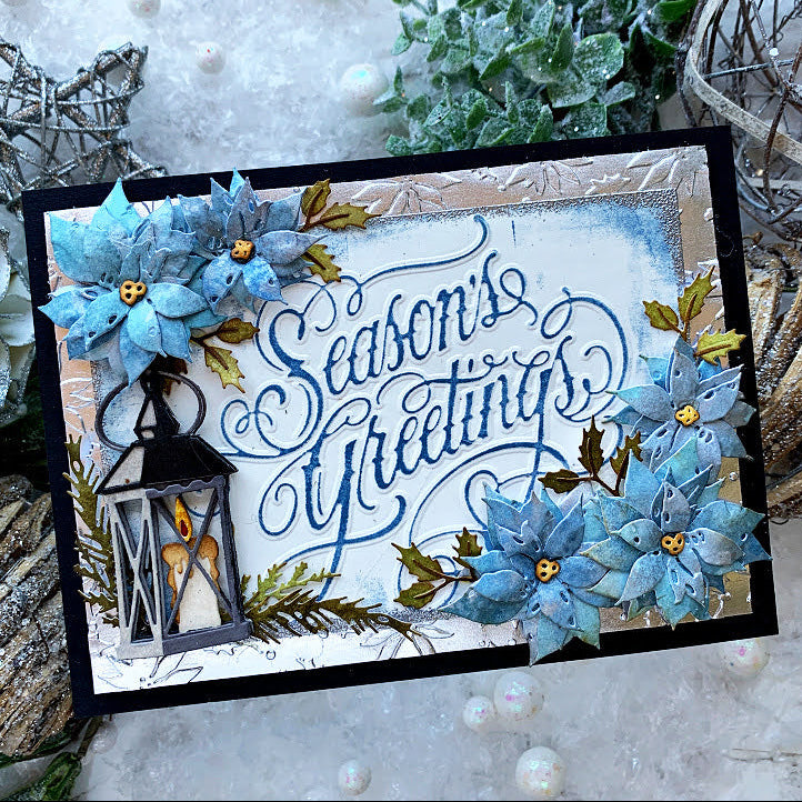 Tim Holtz Sizzix Vault Holly Poinsettia Large A5 Embossing Folder 667252 blue flowers candle lamp seasons' greetings card cathie cowles