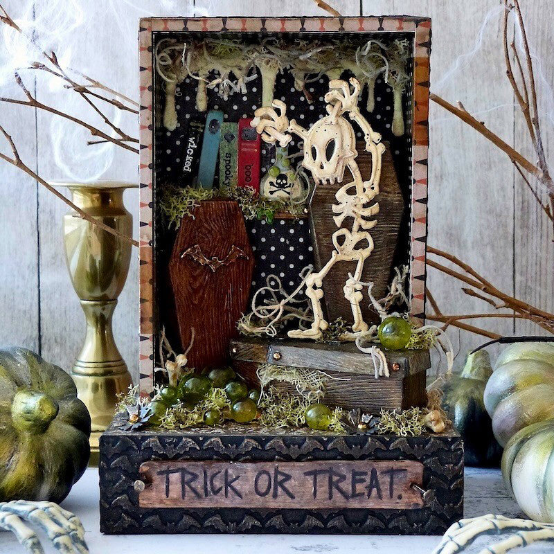Tim Holtz Sizzix Vault Laboratory Sidekick Side-Order Thinlits Dies and Texture Fade 666911 coffin skeleton books trick or treat card emma williams