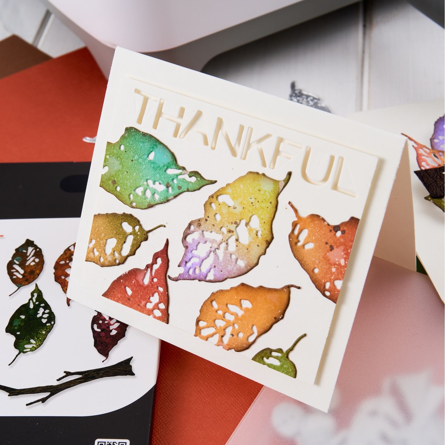 Tim Holtz Sizzix Vault Leaves and Sticks Thinlits Dies 666914 colored leaves thankful card