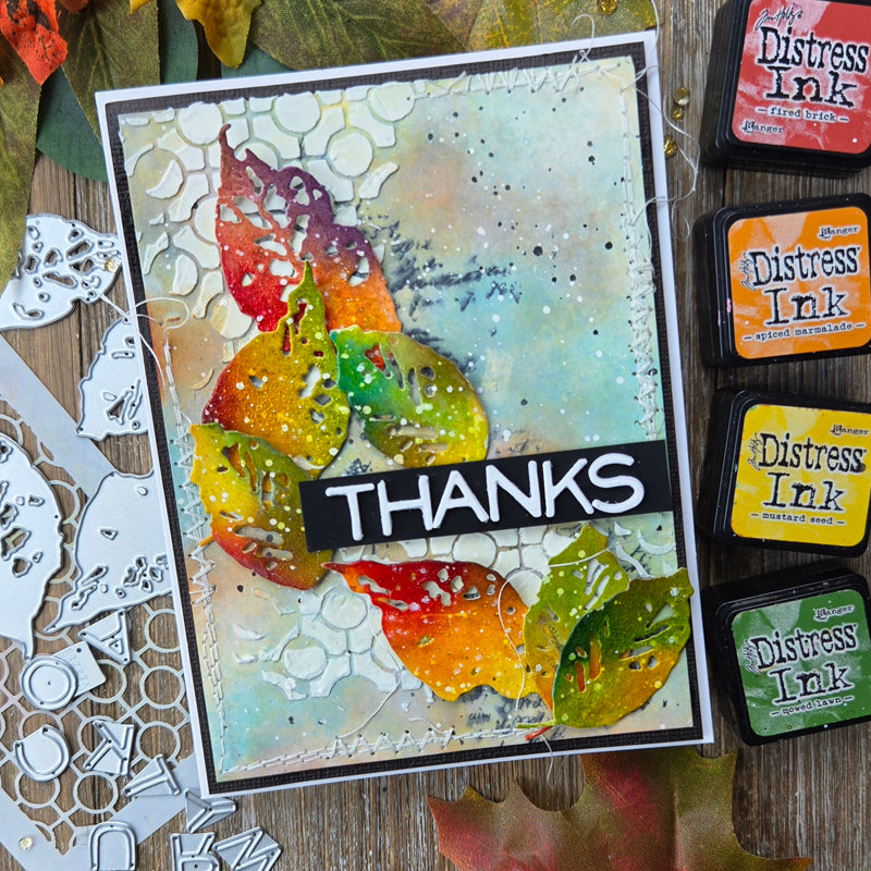 Tim Holtz Sizzix Vault Leaves and Sticks Thinlits Dies 666914 green orange red leaves thanks card kulbir kirkland