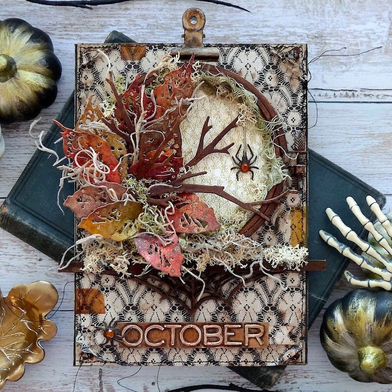 Tim Holtz Sizzix Vault Leaves and Sticks Thinlits Dies 666914 leaves wreath spider lace background october card emma williams