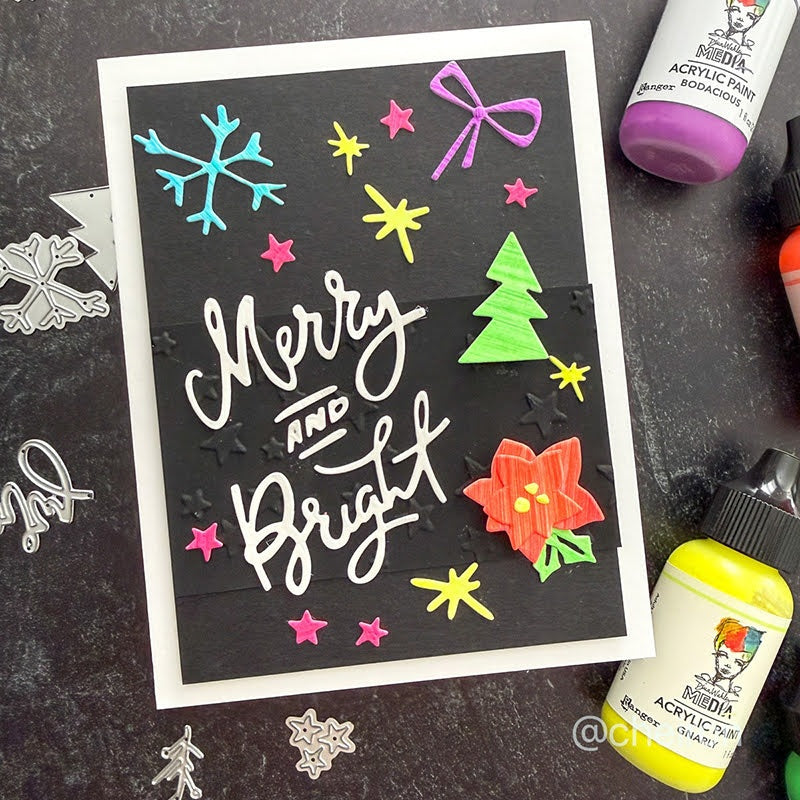 Tim Holtz Sizzix Vault Merry and Bright Sidekick Side-Order Thinlits Dies and Texture Fade Folder 667248 snowflake purple bow stars black card cheiron brandon